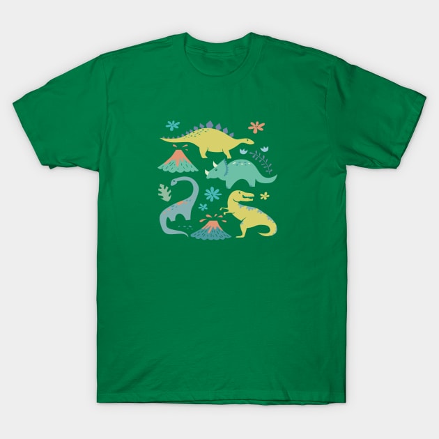 Kawaii Dinosaur in Teal, Yellow, Coral T-Shirt by latheandquill